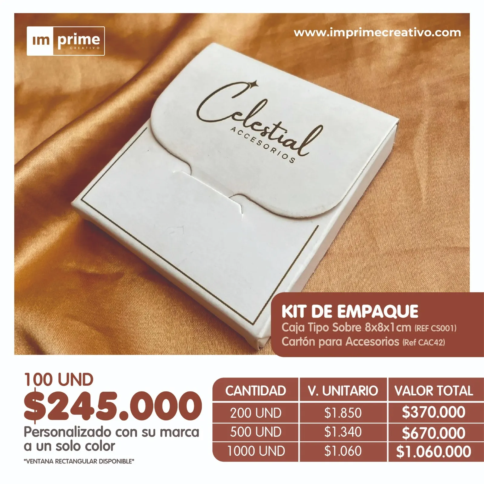 Caja tipo sobre con ventana 8x8x1cm + Cartones de accesorios